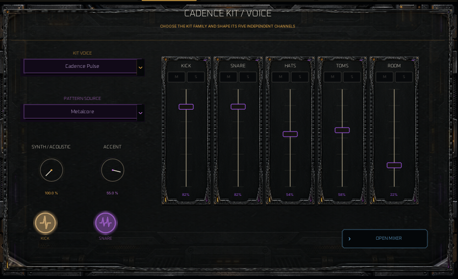 Cadence kit voice page showing kit selection, acoustic blend and individual drum channels.