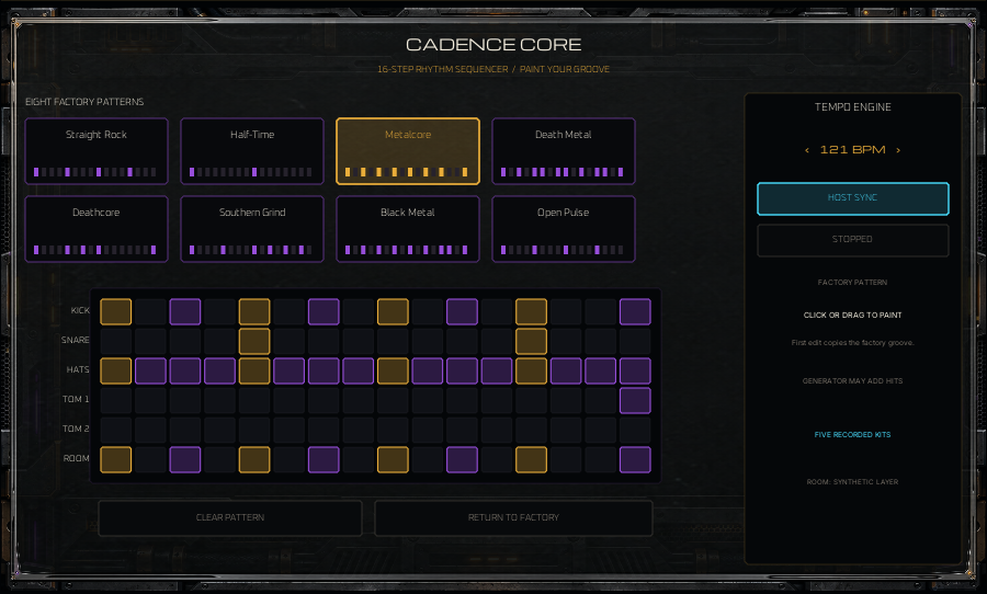 Cadence sixteen-step sequencer with kick, snare, hats, two tom lanes and room.