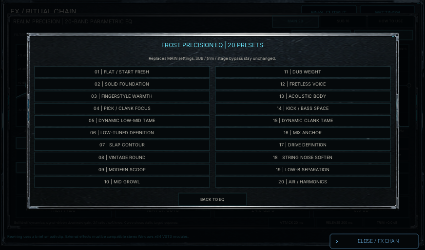 Frost MAIN EQ presets panel in Obsidian Wraith