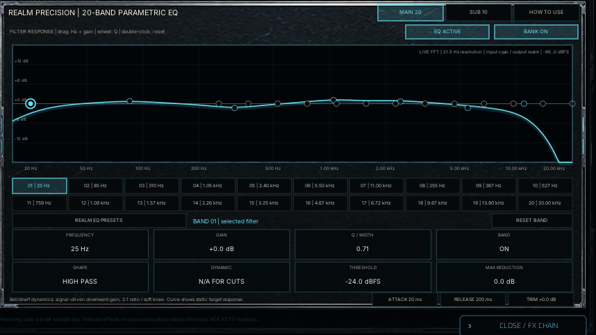 Frost twenty-band Precision EQ with its cyan response curve.