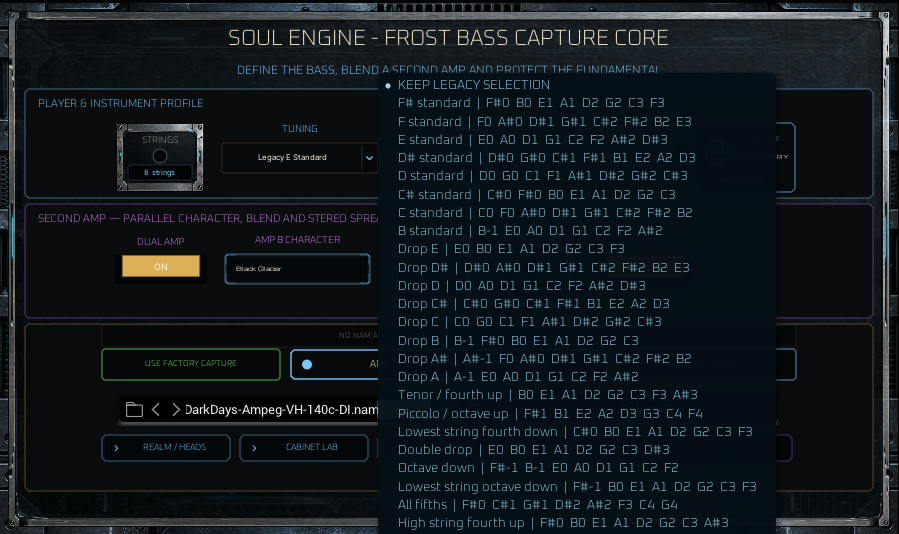 The expanded Frost eight-string tuning menu.