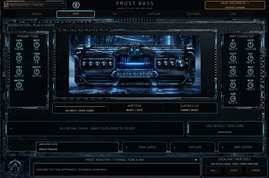 Frost Bass workstation showing the Black Glacier head and its tone controls.