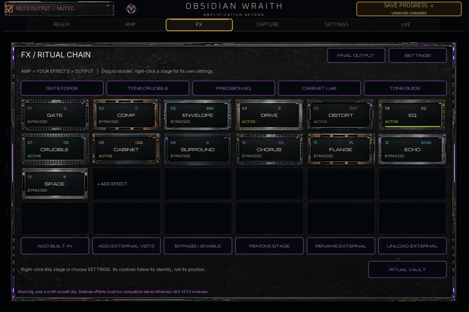 Wraith Ritual Chain showing effect stages, add controls, reorder and settings tools.