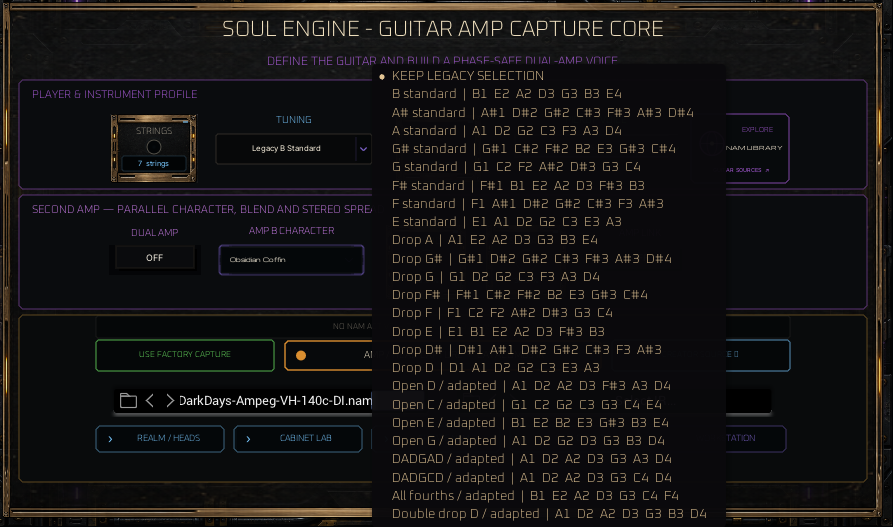 Tuning choices panel in Obsidian Wraith